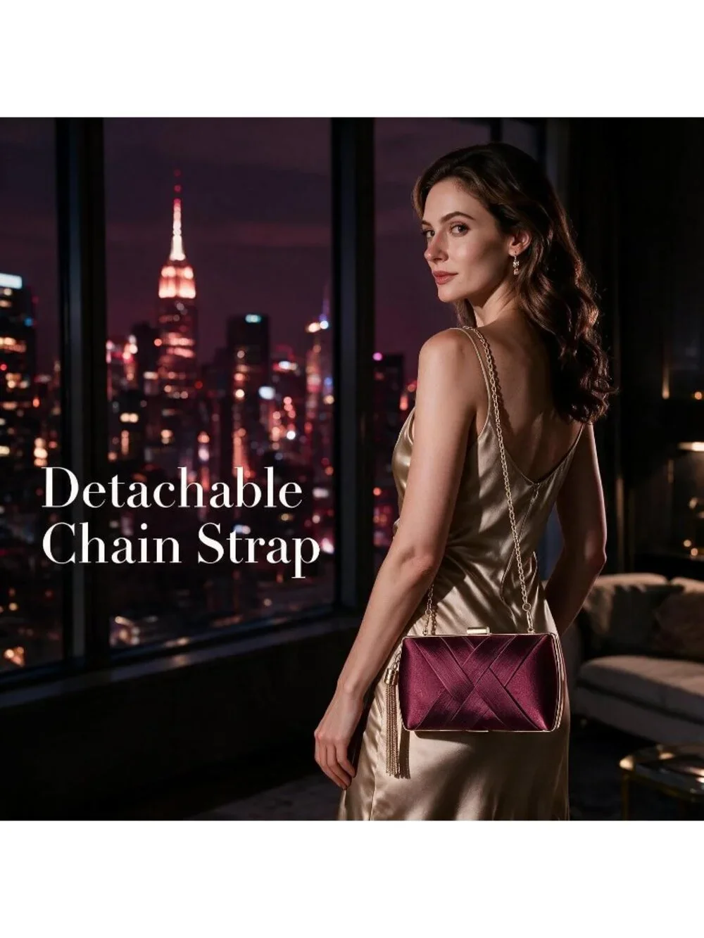 Women's Claret Silk Satin Clutch Purse Pearl Tassel With Chain Evening Bag